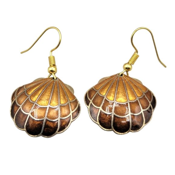 Cloisonne Enamel Clam Shell Earrings Brown Gold Dangle Drop Wire Hooks - Picture 1 of 4